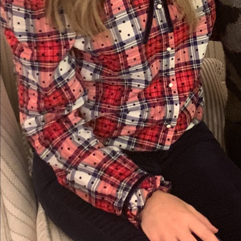 Court & Rowe Tie Ruffle Collar Flocked Dot Plaid Shirt - Picture 6 of 6